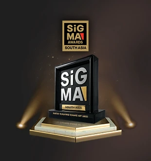 A square trophy featuring the text 'SiGMA Awards South Asia' and 'New Casino Game of 2025' awarded to SA Gaming.